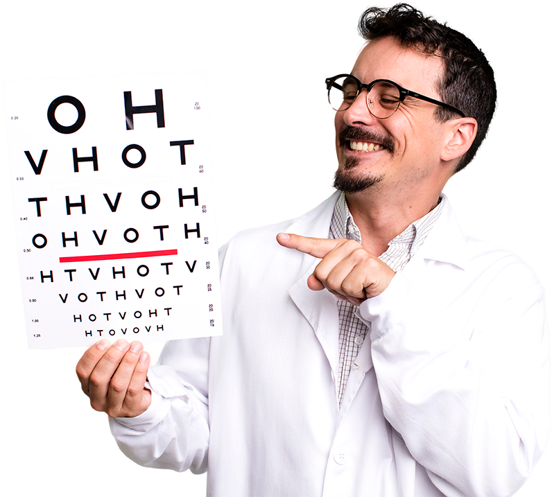Especialista da Opto Visão apresentando uma tabela de acuidade visual